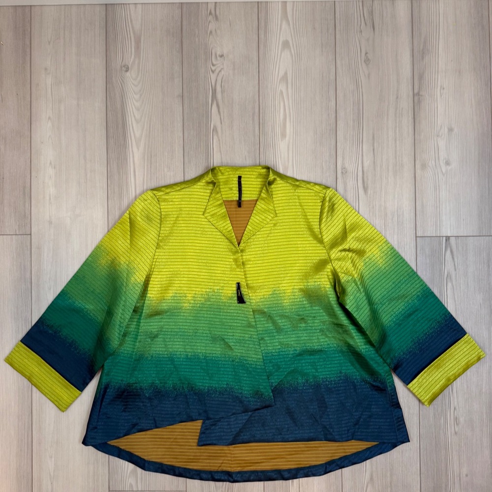I.C. by Connie K Ombre Striped Jacket Green Teal Asymmetrical Open Front Blazer